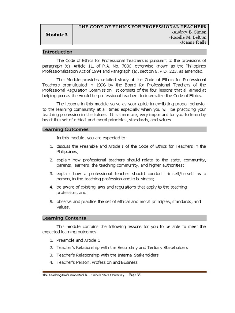 The Teaching Profession Module 3 Pdf Teachers Learning