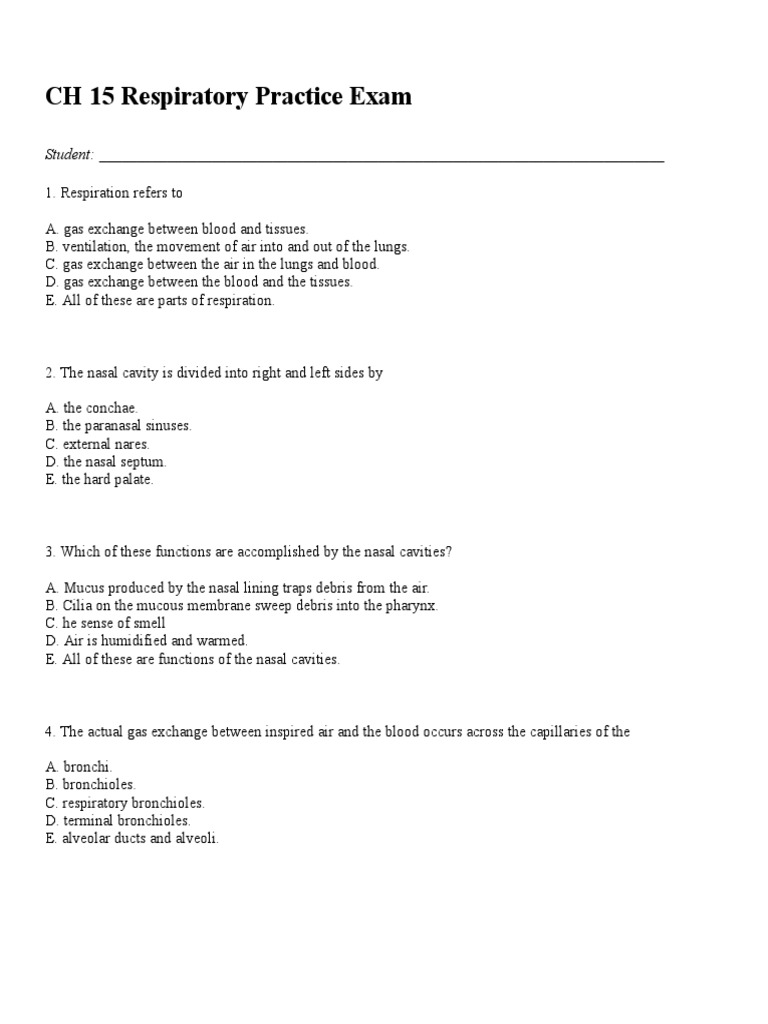 CH 15 Respiratory Practice Exam Student PDF Respiratory System Lung