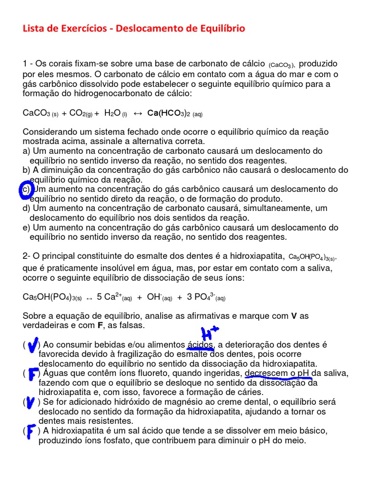 Lista de Exercícios - Deslocamento de Equilíbrio 2 | PDF | Equilíbrio ...