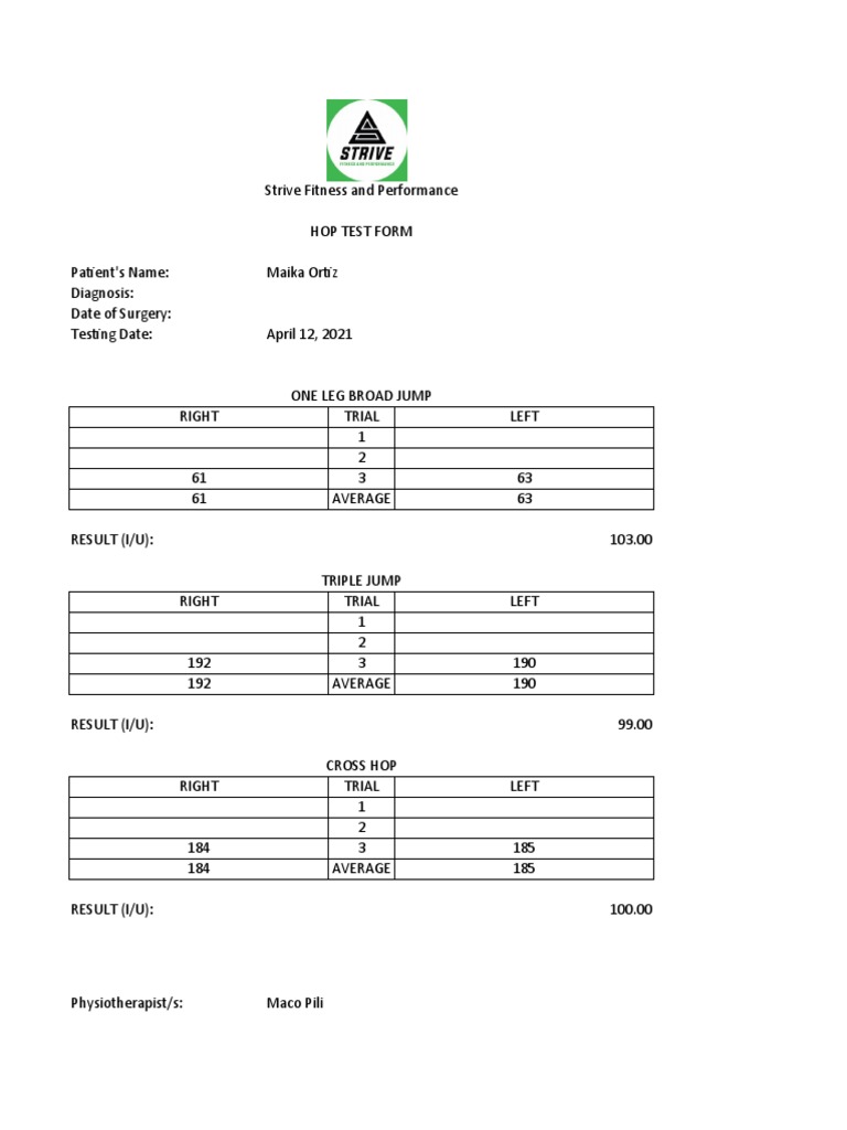 Hop Test Results for Maika Ortiz | PDF