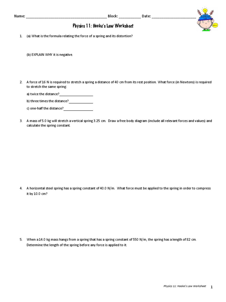 Hookes Law Worksheet PDF Force Mass Hookes Law Worksheet PDF Force Mass