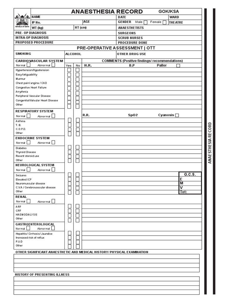 Anesthesia Record and Evaluation Form | PDF | Anesthesia | Clinical ...