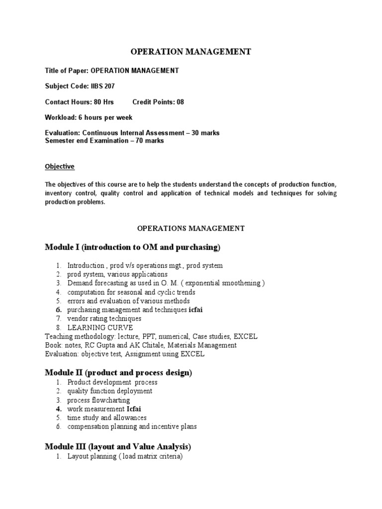 Operations Management Course Overview | PDF | Operations Management ...