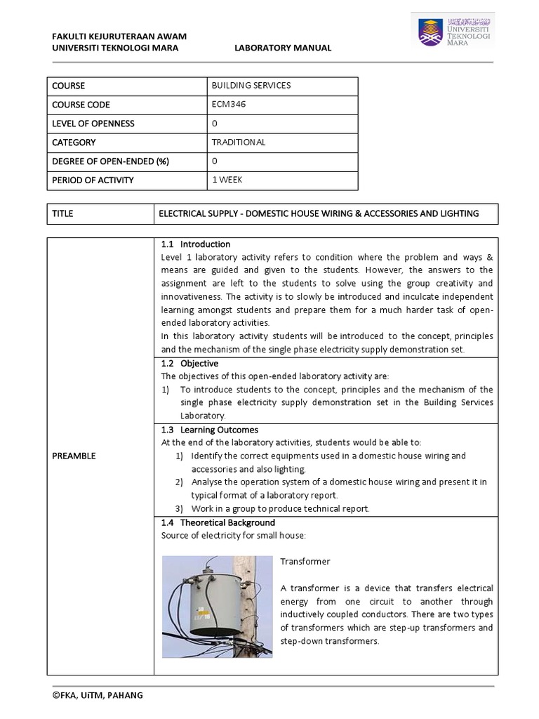 Lab ECM346 LEVEL 0 Electrical Supply - Domestic House Wiring ...