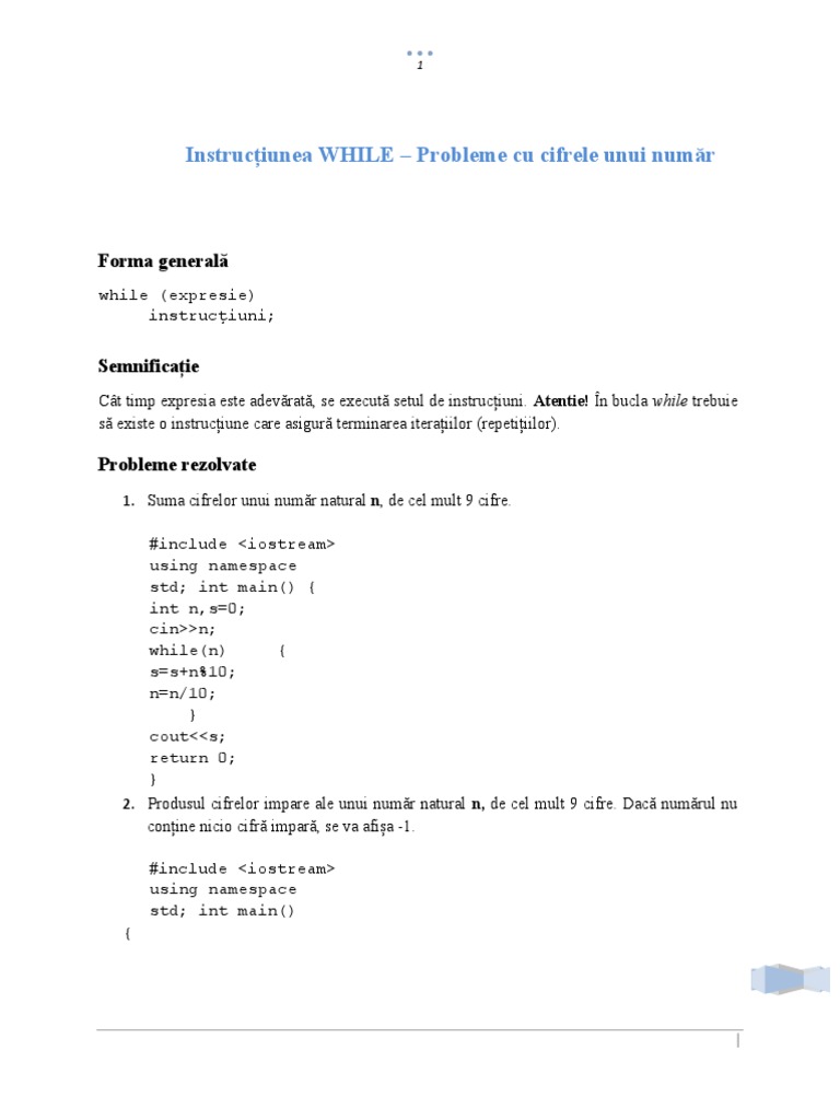 Instructiunea While C++ Probleme Rezolvate | PDF