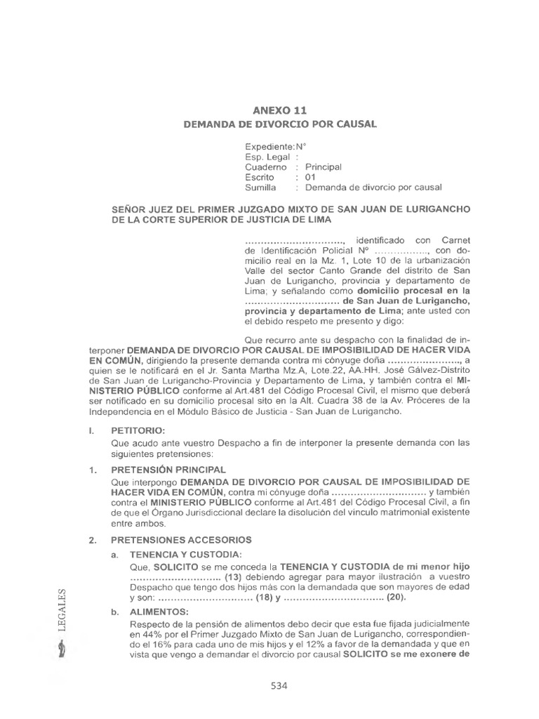 Modelo de Demanda de Divorcio Por Causal | PDF | Divorcio | Demanda
