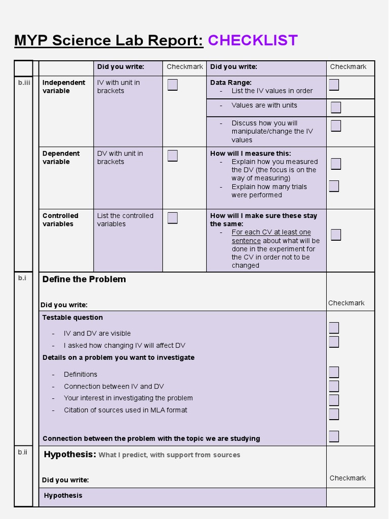 MYP Science Lab Report Checklist PDF Chart Experiment