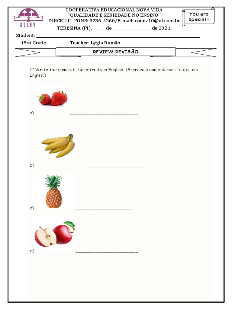 Atividade 1 Ano Ingles COENV REVISAO NOVEMBRO INGLES | PDF