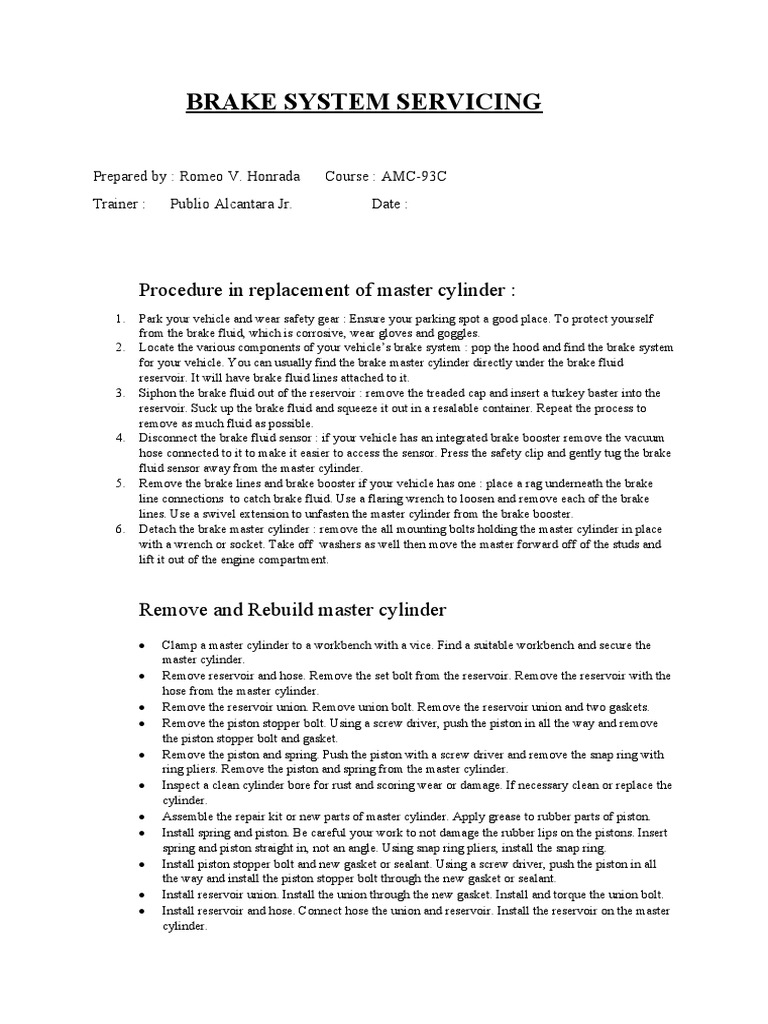 Brake System Servicing Procedures | PDF | Mechanical Engineering ...