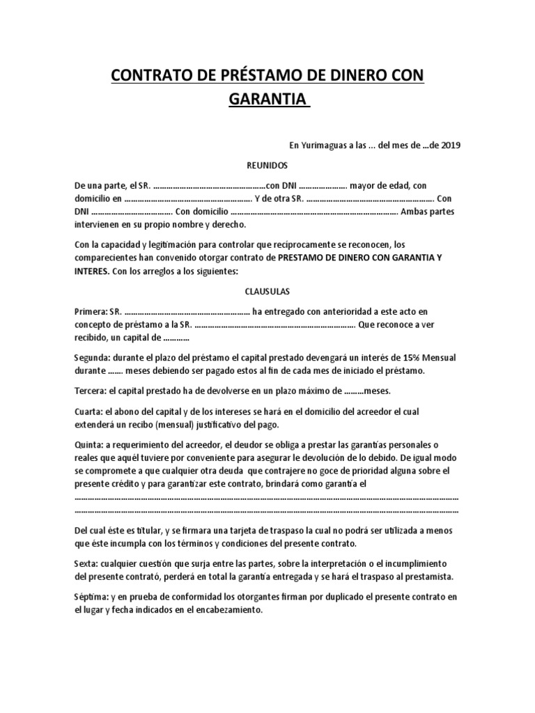 Contrato de Préstamo de Dinero Con Garantia | PDF | Pagos | Responsabilidad  (contabilidad financiera)