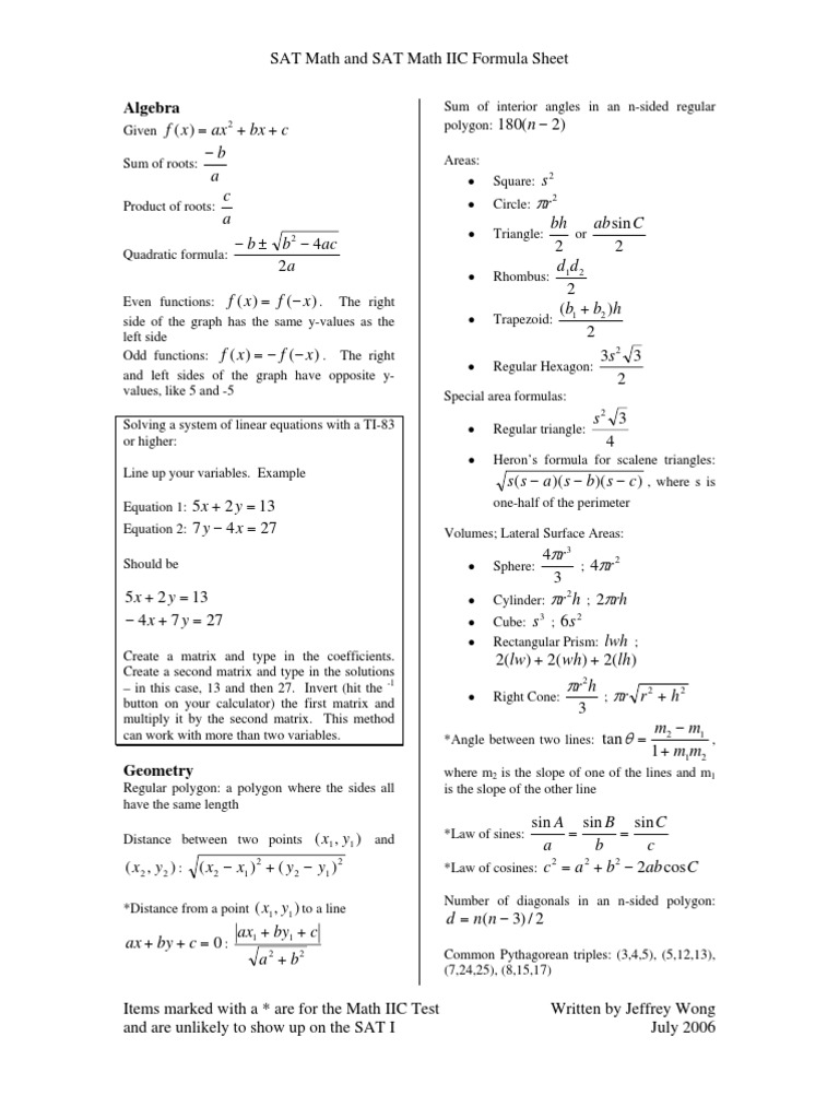 SAT Math and Math 2C Formula Sheet | PDF | Area | Sine