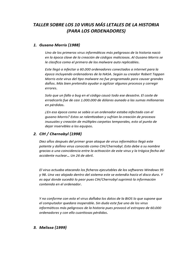 Taller Sobre Los 10 Virus Más Letales De La Historia Pdf Virus De