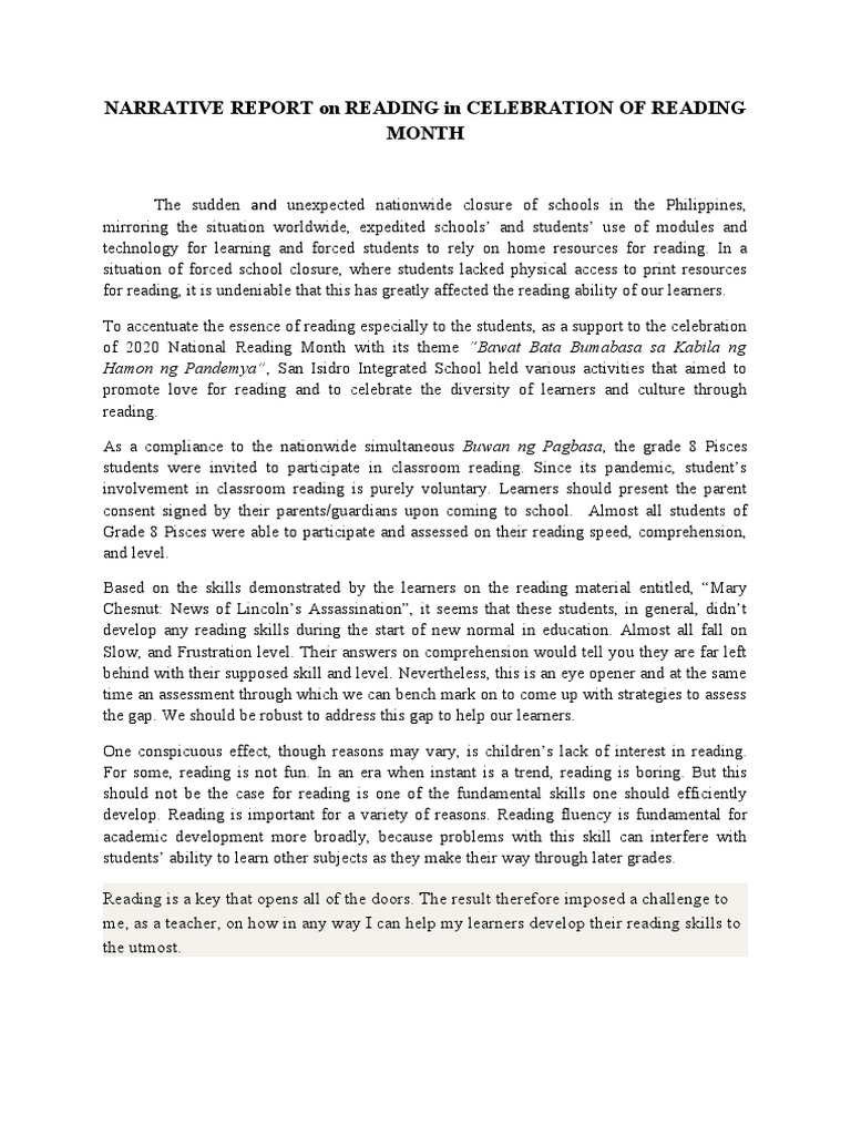 Narrative Report On Reading in Celebration of Reading Month | PDF ...