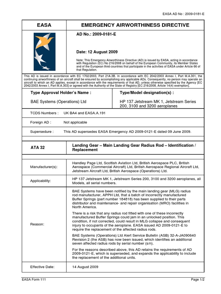 Easa Emergency Airworthiness Directive AD No. 20090181E PDF