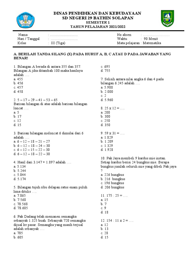 Soal Matematika Kelas 3 SD Semester 1 | PDF