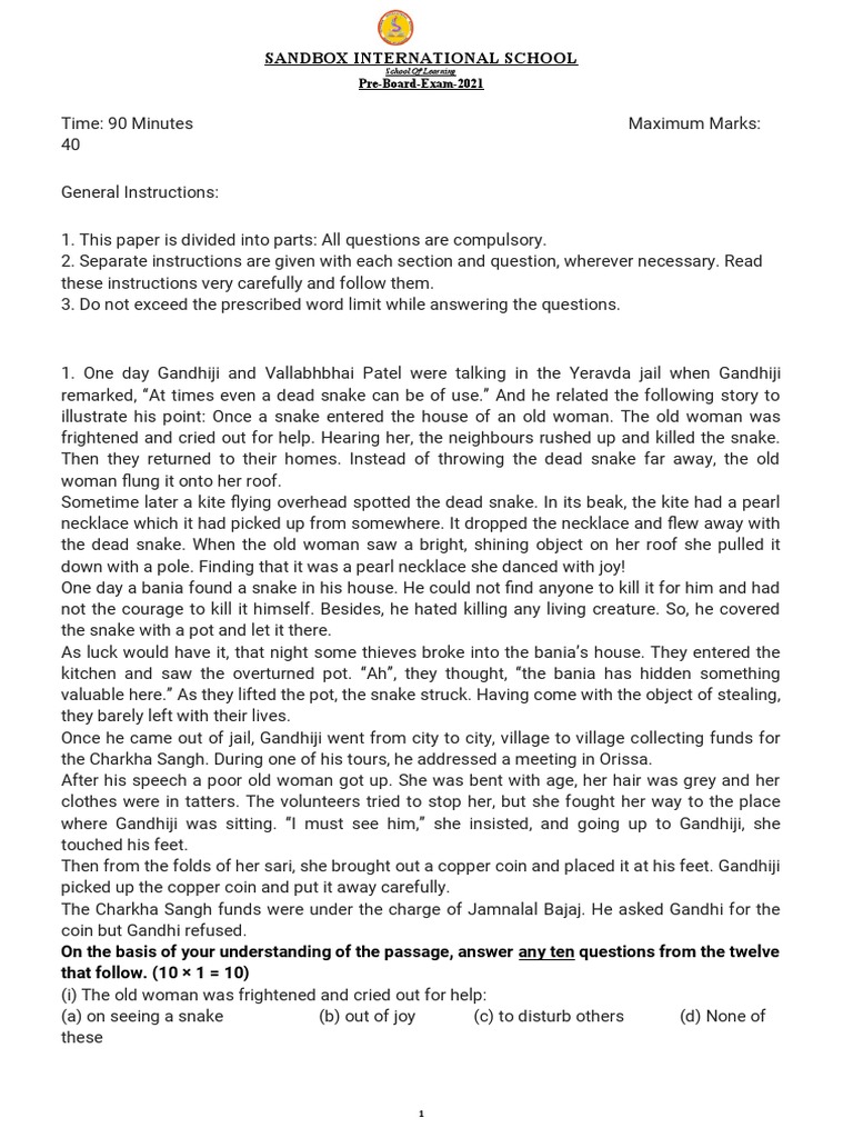 PB Class 10 English Paper 2021 PDF Cruelty To Animals Mahatma