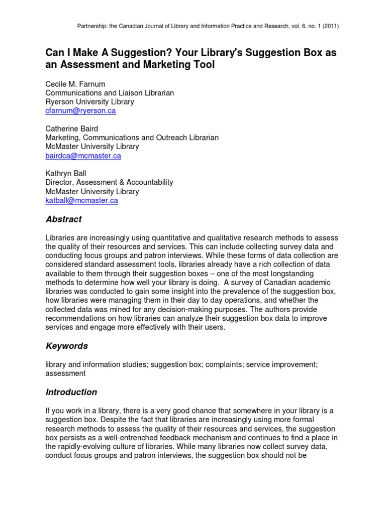 Can I Make A Suggestion? Your Library's Suggestion Box As An Assessment