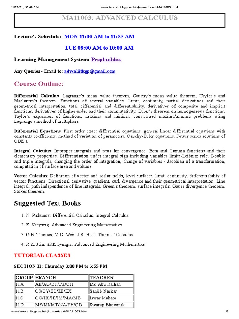 Ma11003 Advanced Calculus Course Outline PDF Integral