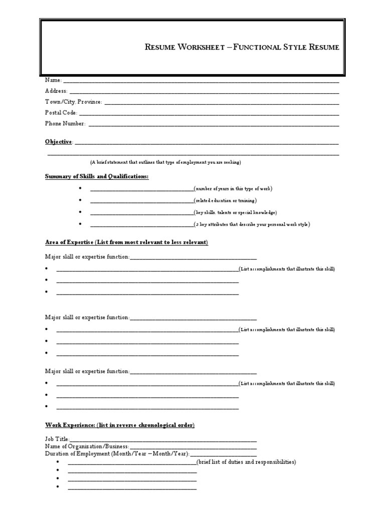 Functional Resume Worksheet Template | PDF | Résumé | Expert