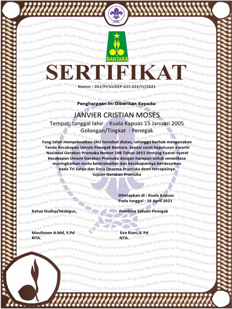 Desain Sertifikat Pramuka Gratis 2 Word Potrait PDF