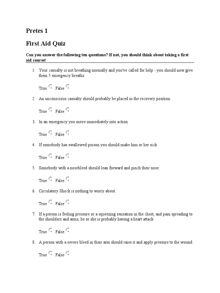 First Aid Quiz PDF Cardiopulmonary Resuscitation First Aid
