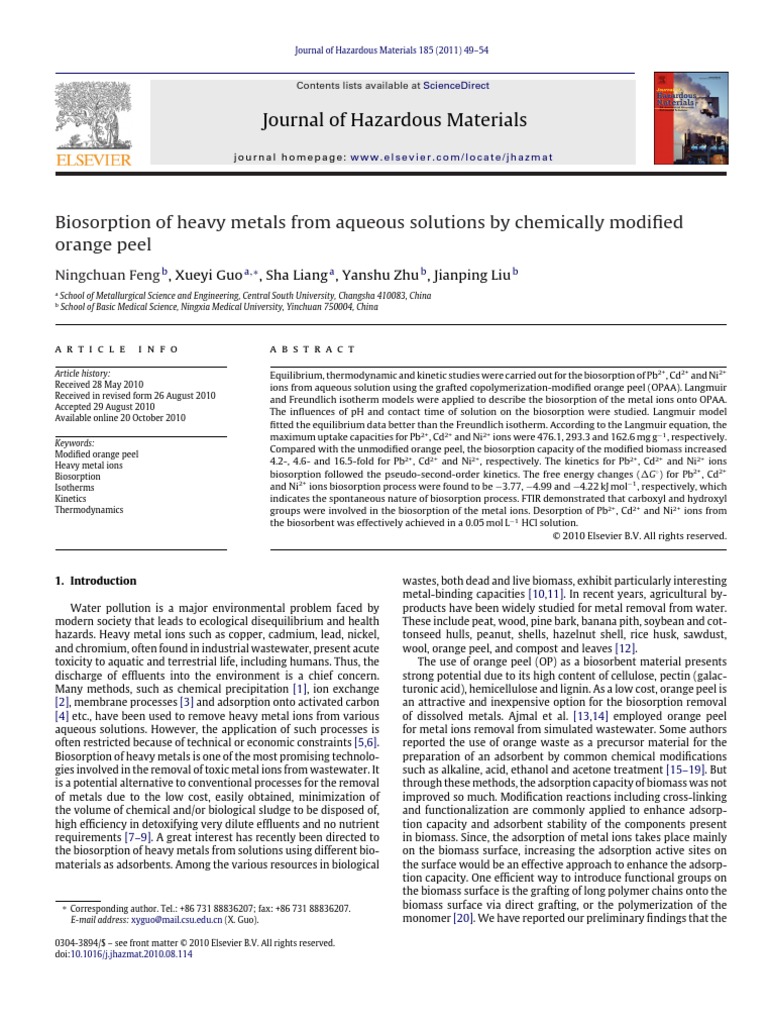 Biosorption of Heavy Metals From Aqueous Solutions by Chemically ...