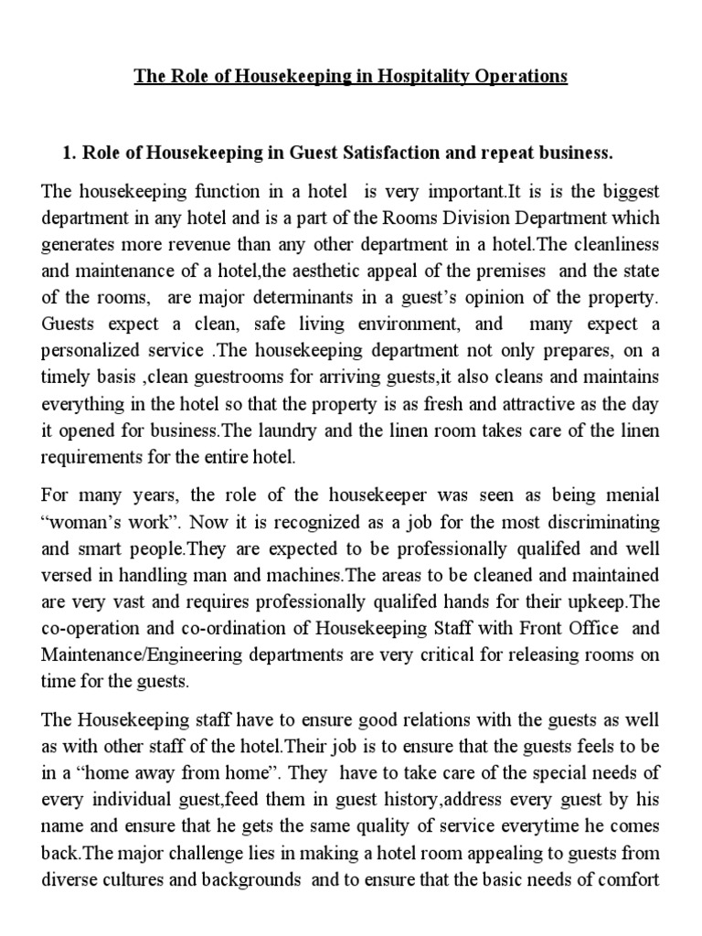 The Role of Housekeeping in Hospitality Operations PDF Housekeeping