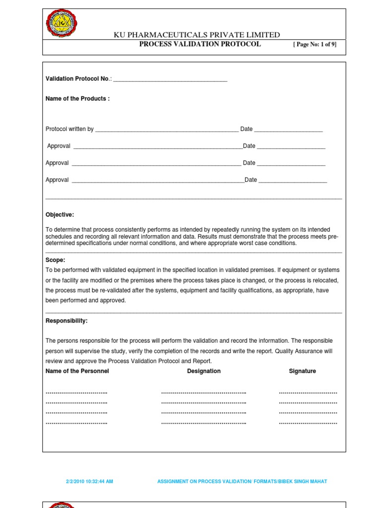 PROCESS VALIDATION PROTOCOL Verification And Validation Quality