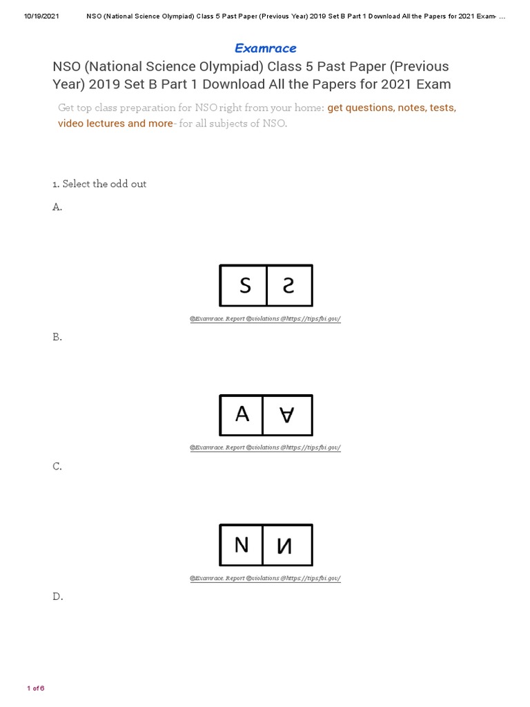 NSO Level 1 Class 5 Question Paper 2019 Set B Part 1 | PDF | Test ...