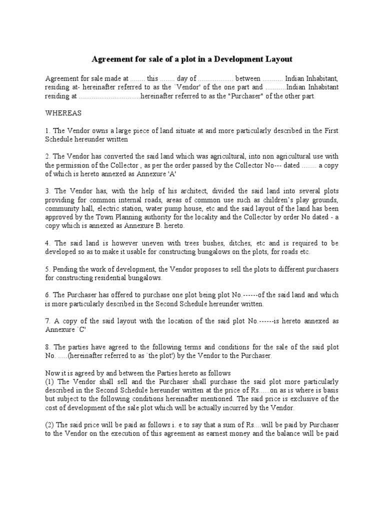 Agreement For Sale of A Plot in A Development Layout PDF