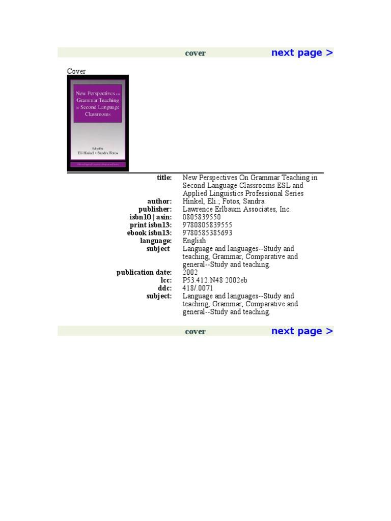 New Perspectives On Grammar Teaching in Second Language Classrooms