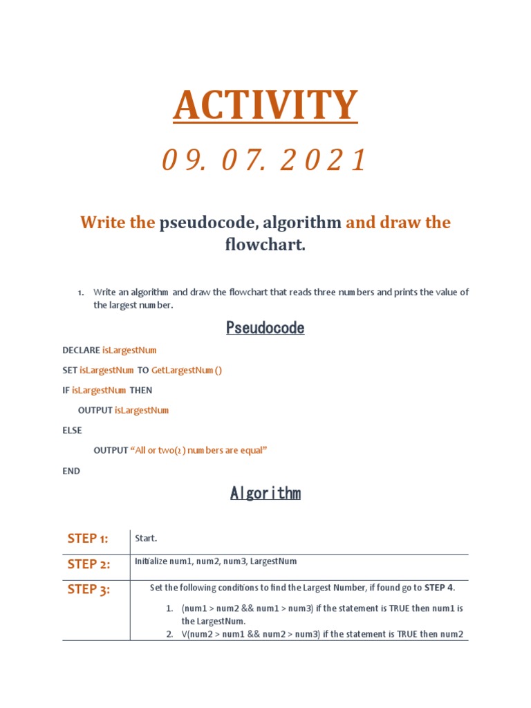Pseudo Code, Algorithm and Flowchart Activity | PDF | Algorithms ...