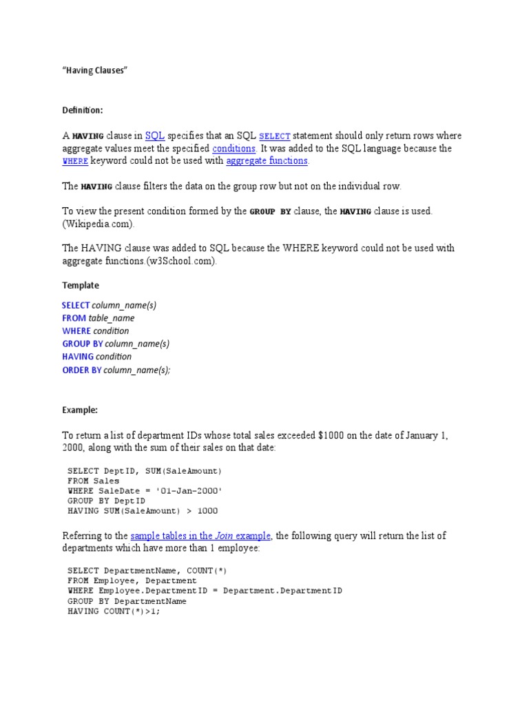SQL Conditions Aggregate Functions: 
