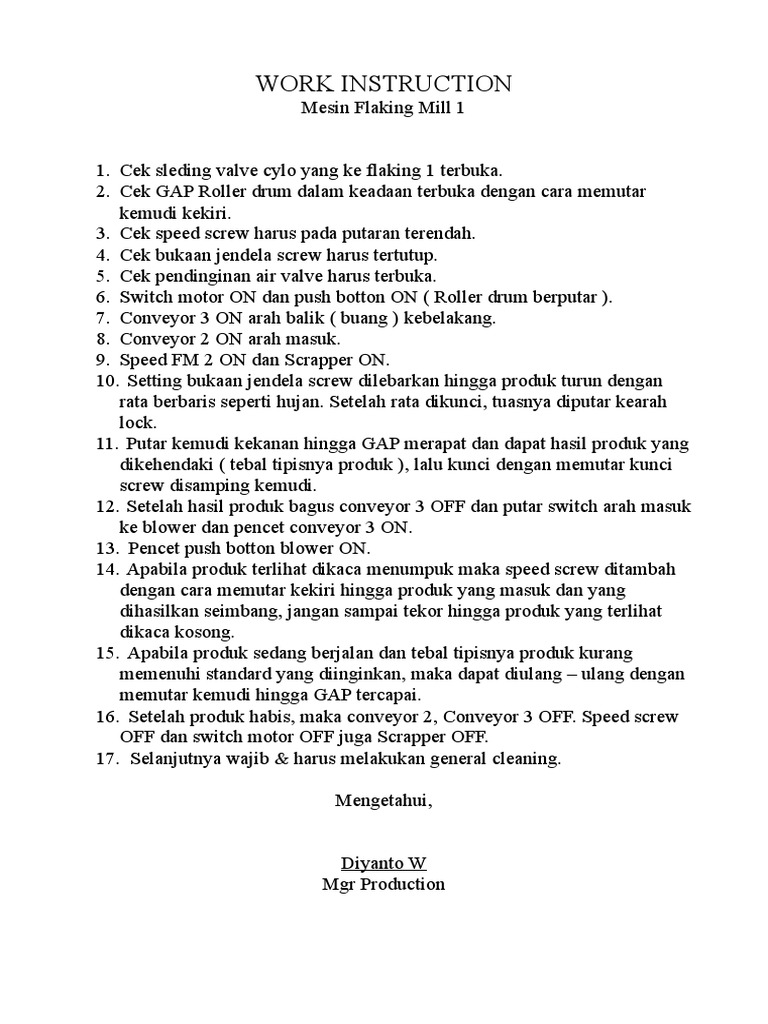 Work Instruction Machine Flaking Mill | PDF