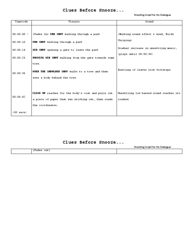 No Dialogue Shooting Script: Clues Before Snooze | PDF