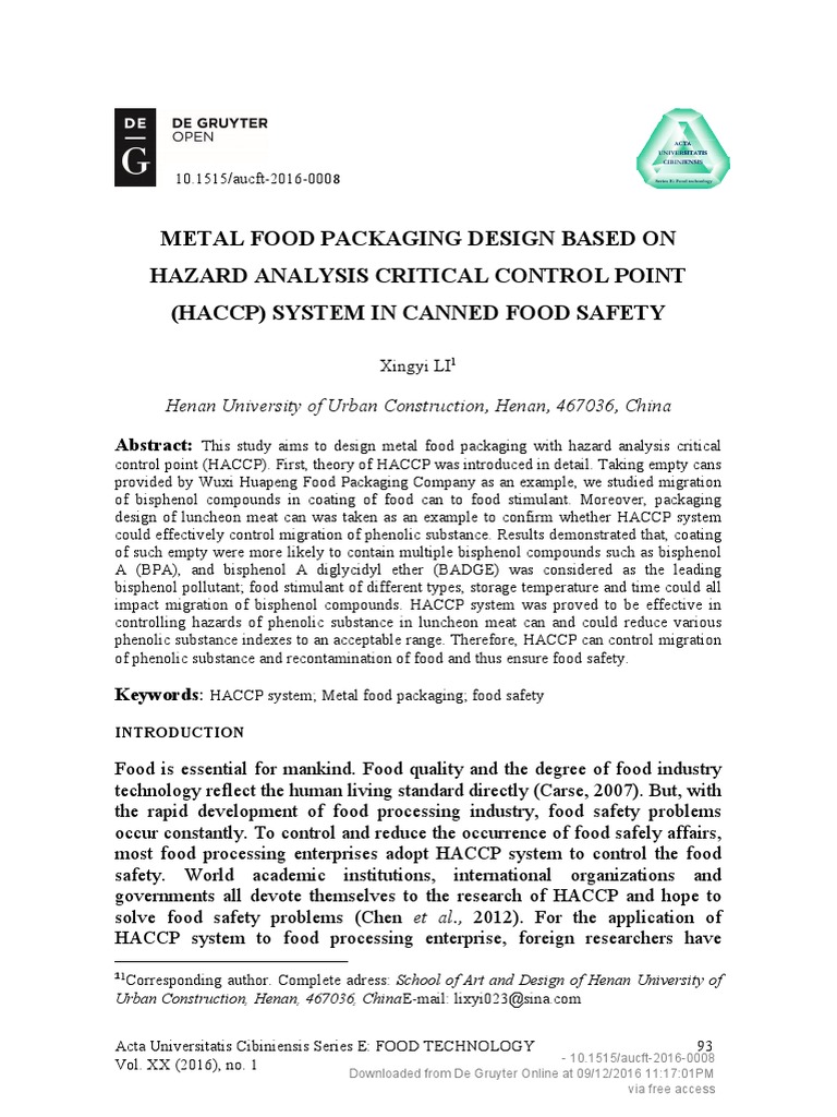Metal Food Packaging Design Based On Hazard Analysis Critical Control ...