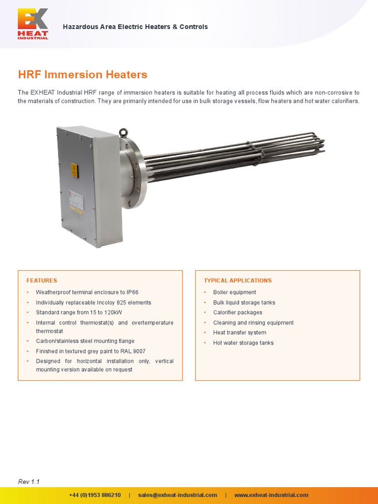 ExHeat - HRF Flanged Industrial Immersion Heaters | PDF | Water Heating |  Electric Heating