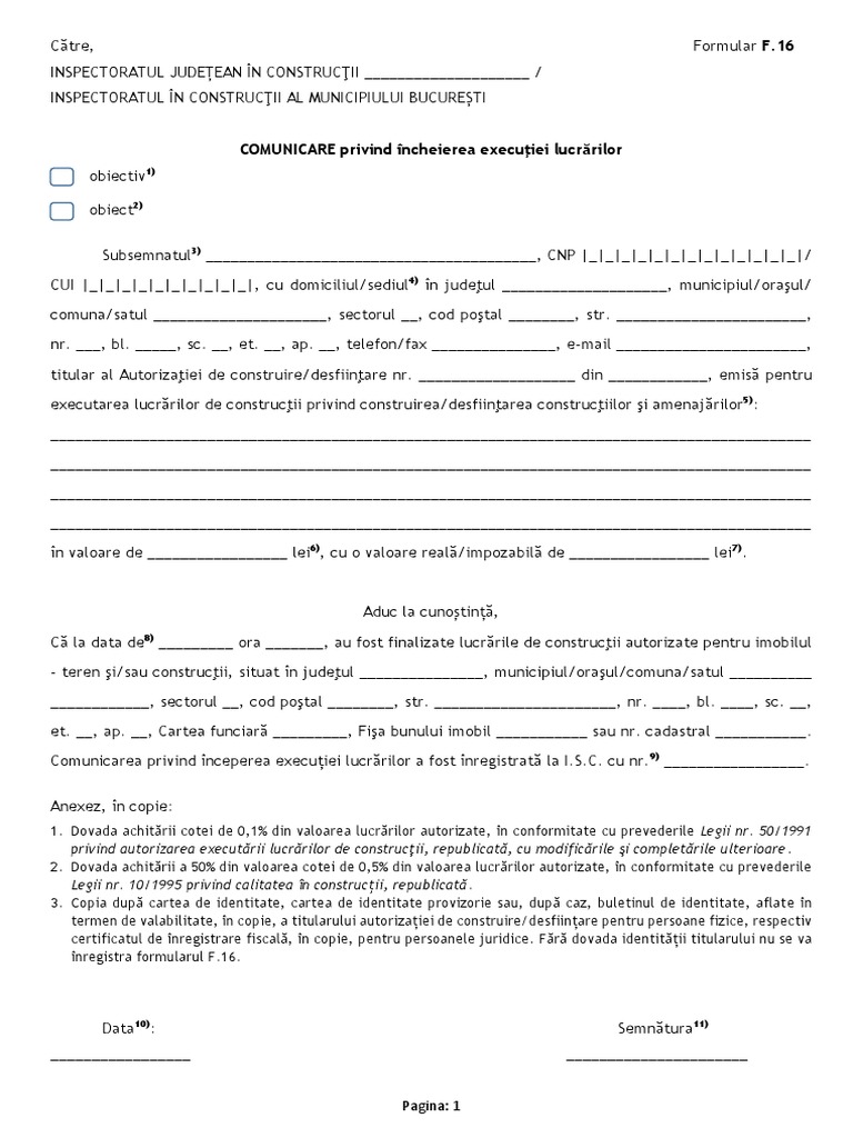 Formular F.16 Comunicare Privind Incheierea Executiei Lucrarilor | PDF