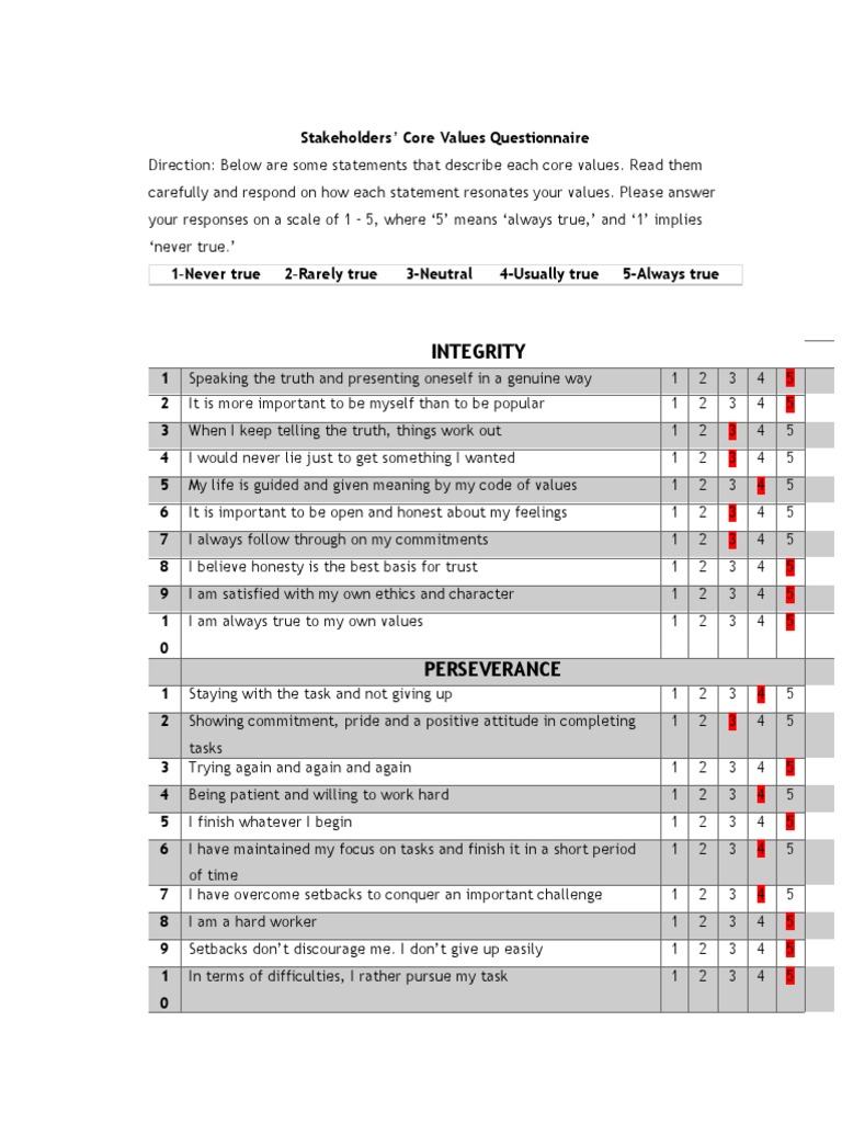 Integrity Stakeholders' Core Values Questionnaire Download Free PDF
