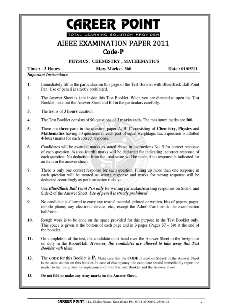 Aieee Aieee Aieee Aieee Examination Paper Examination Paper Examination ...