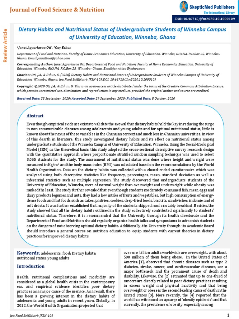 Dietary Habits and Nutritional Status of Undergrad | PDF | Body Mass ...