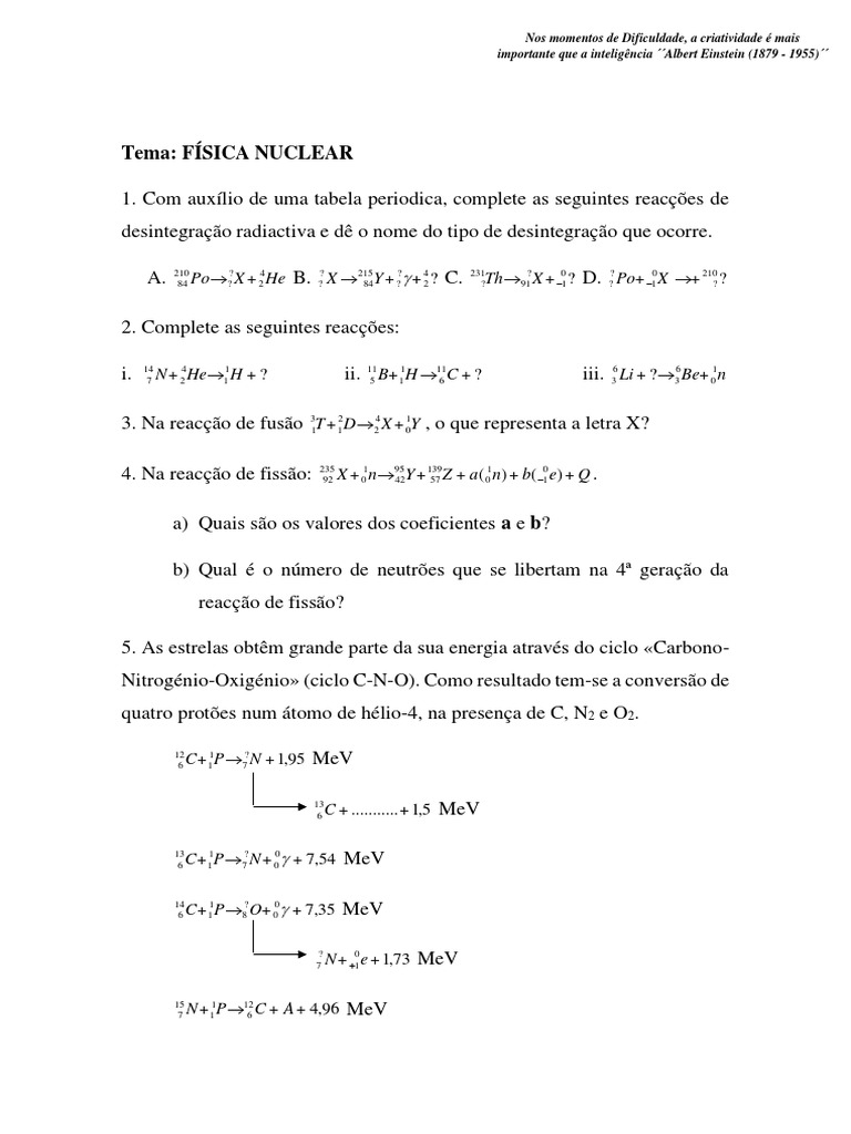 Exercícios de Física Nuclear Resolvidos | PDF | Radioatividade | Física ...