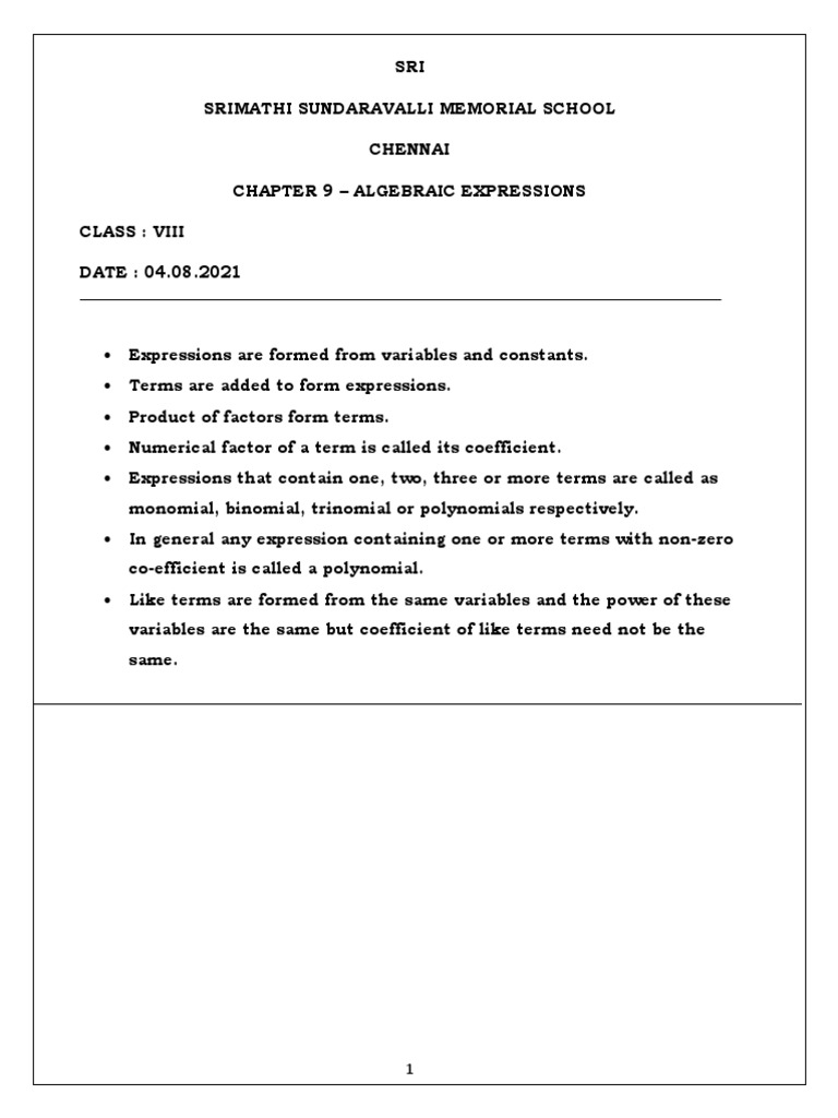 Class 8 Algebraic Expressions Exercise 9.1 | PDF | Polynomial | Algebra