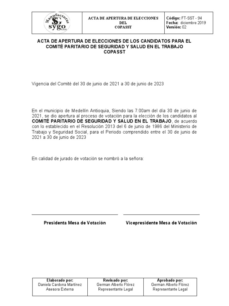 Acta de Apertura Elecciones COPASST | PDF | Gobierno
