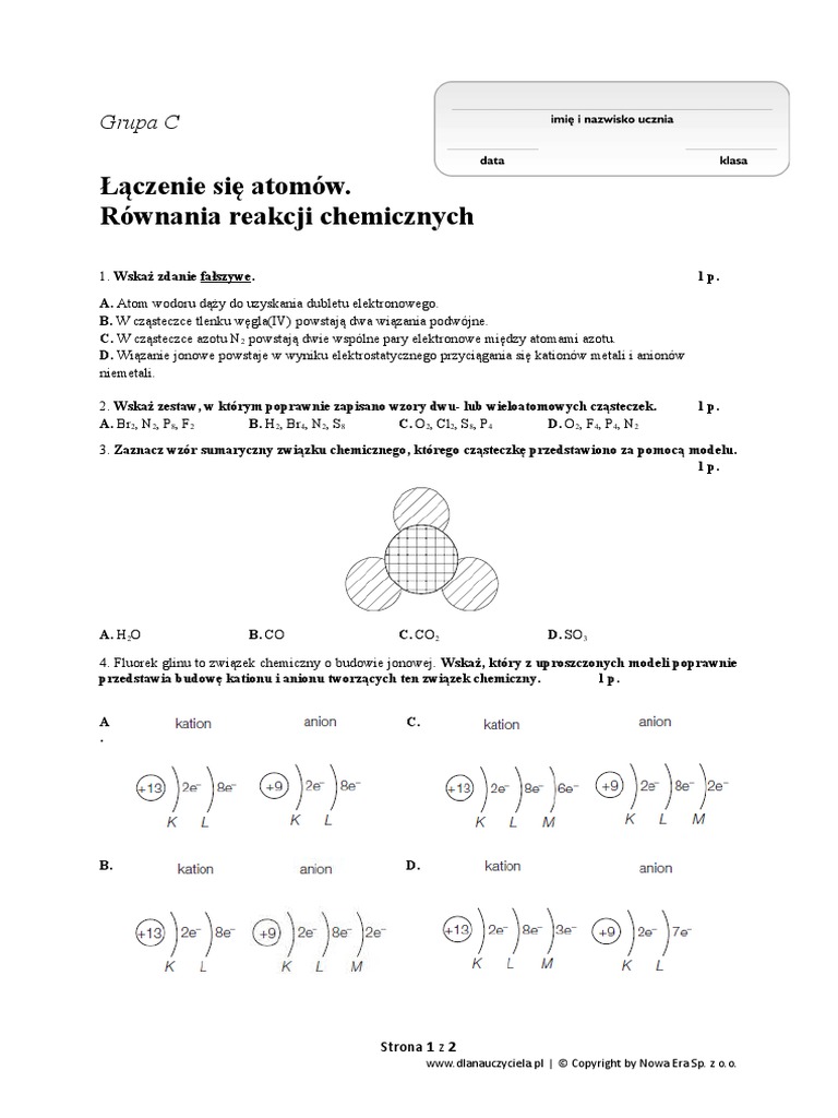 Równania Reakcji Chemicznych Test Klasa 7