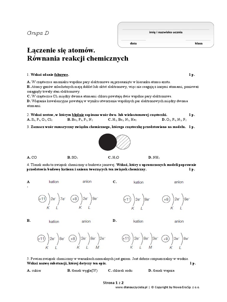 Atomy I Czasteczki Sprawdzian Klasa 7 Pdf