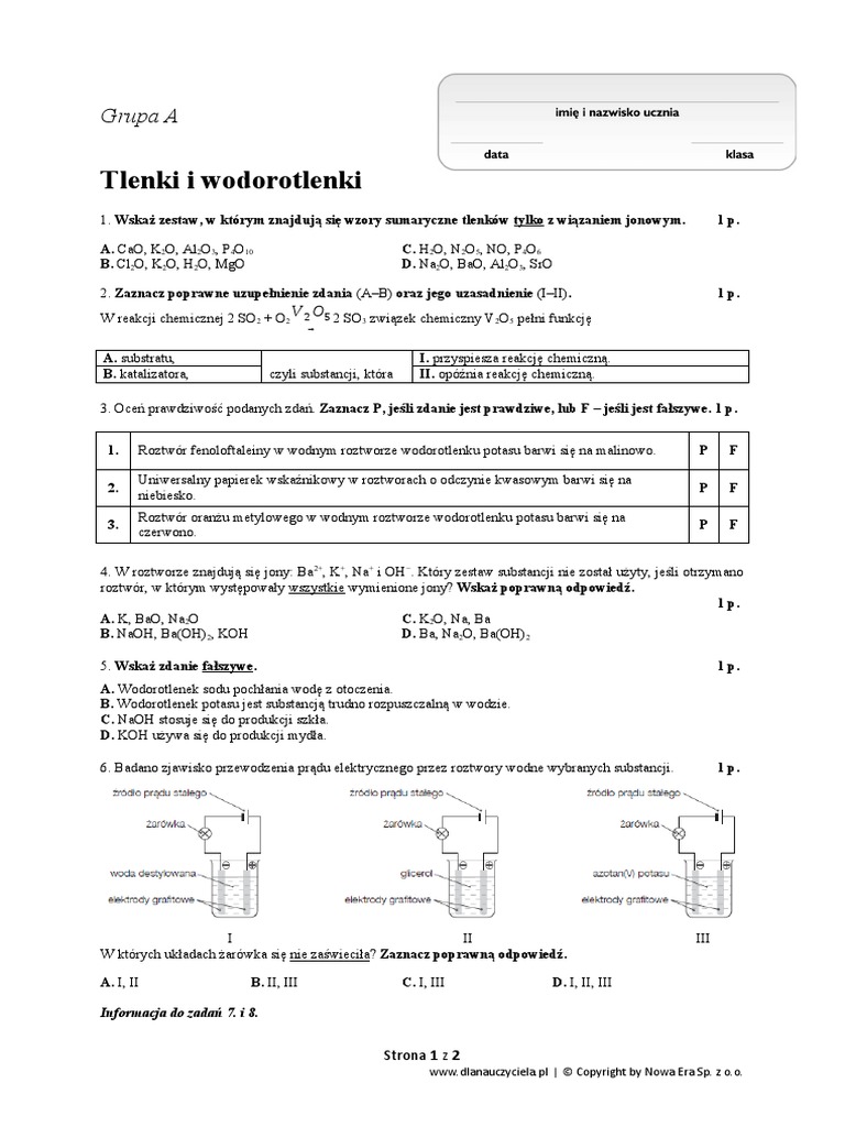 Tlenki I Wodorotlenki Sprawdzian Klasa 7