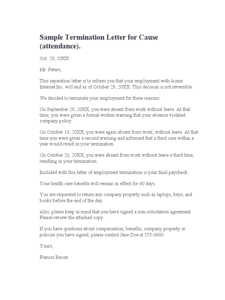 Sample Termination Letter For Cause (Attendance) | PDF | Finance ...