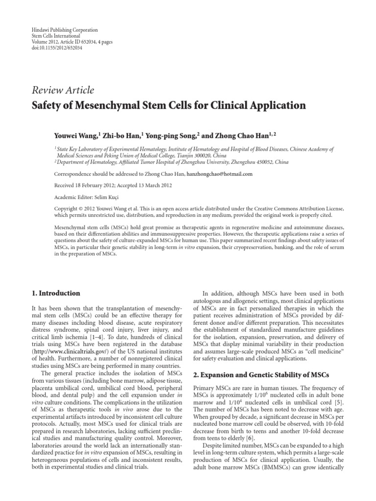 Safety of Mesenchymal Stem Cells For Clinical Application | PDF ...