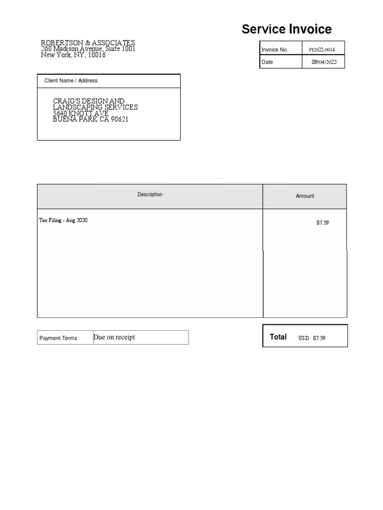 Service Invoice: Robertson & Associates 260 Madison Avenue, Suite 1001 ...